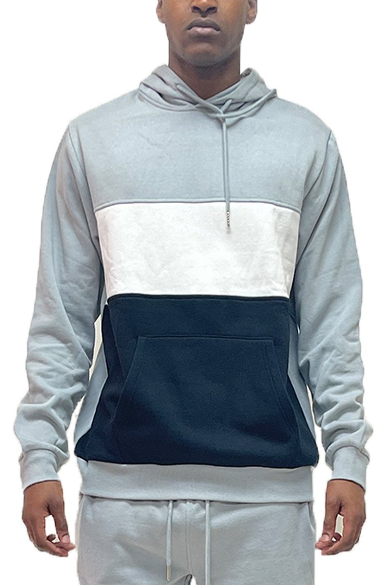 Color Block Pullover Hoodie featuring adjustable drawstring hood and ribbed cuffs in a stylish design.