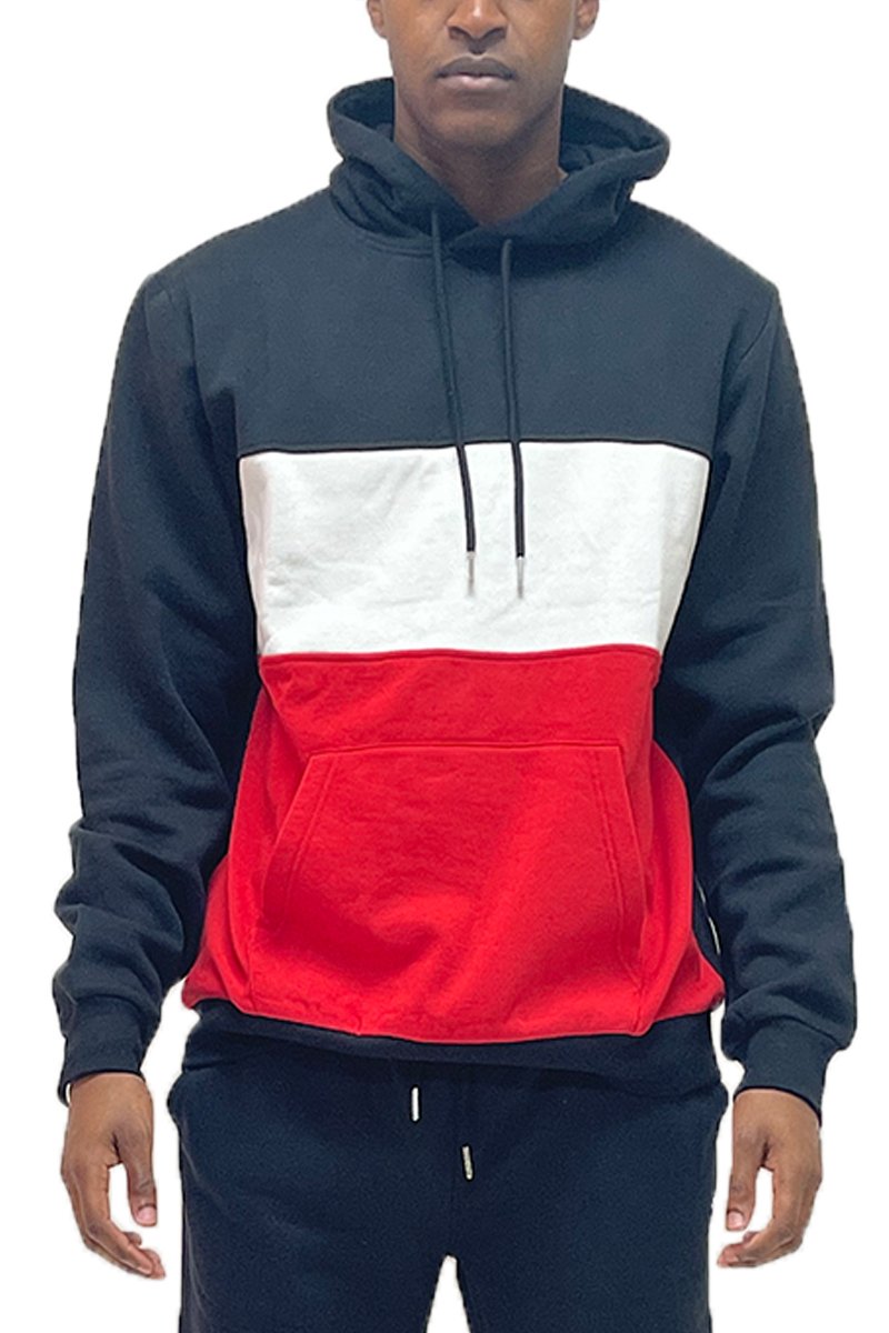 A stylish Color Block Pullover Hoodie featuring a drawstring hood, elastic ribbed waist, and cuffs, perfect for casual wear.