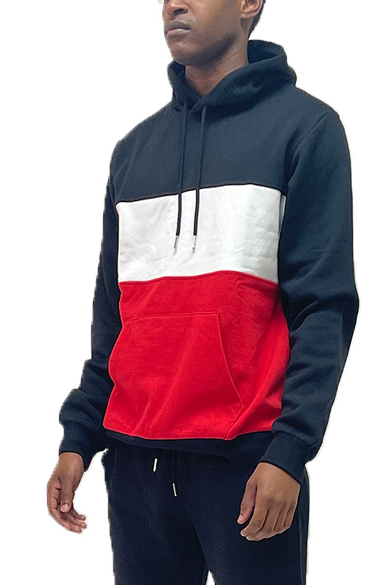 A stylish Color Block Pullover Hoodie featuring a drawstring hood, elastic ribbed waist, and cuffs, perfect for casual wear.