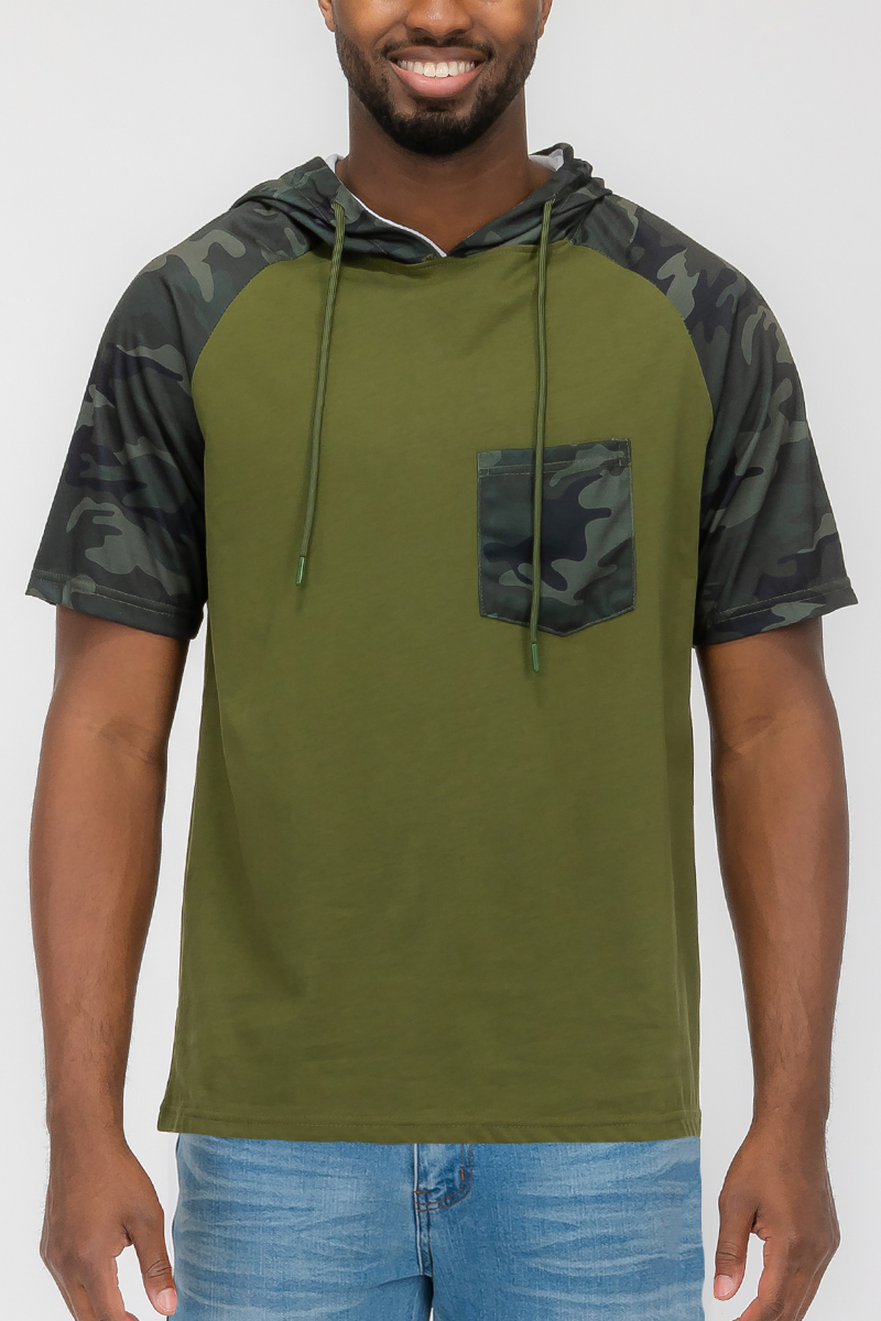 Color Block Short Sleeve Hooded Tee featuring a three-color design, chest pocket, and camo print, made from 100% cotton.