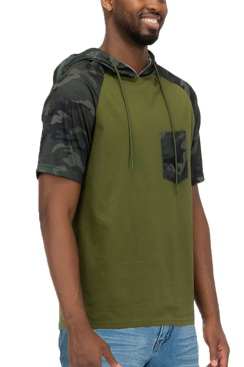 Color Block Short Sleeve Hooded Tee featuring a three-color design, chest pocket, and camo print, made from 100% cotton.