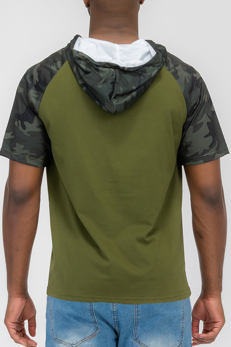 Color Block Short Sleeve Hooded Tee featuring a three-color design, chest pocket, and camo print, made from 100% cotton.