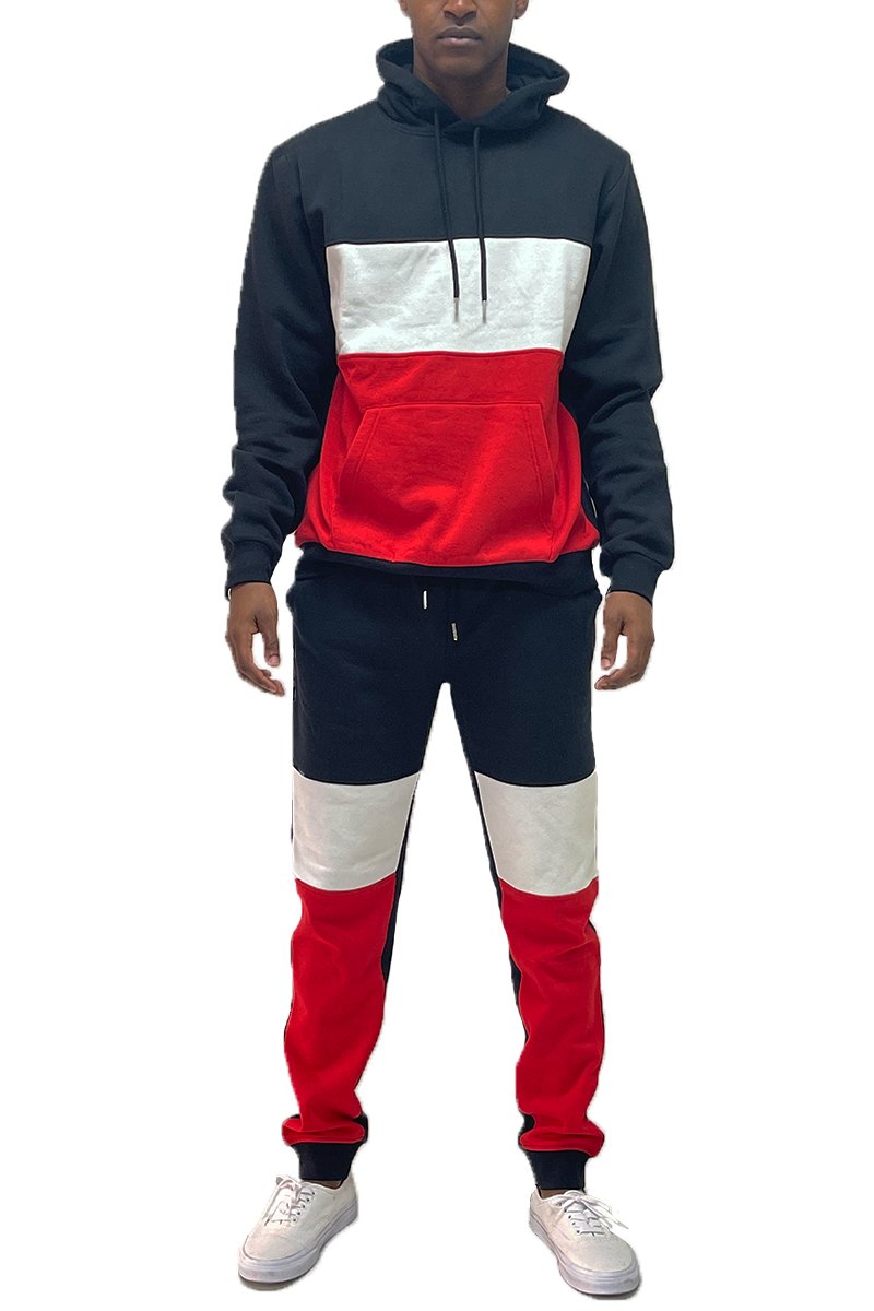 Color Block Sweat Set featuring a pullover hoodie and sweat pants in vibrant colors.