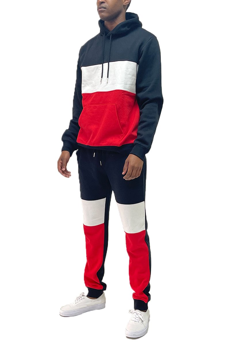 Color Block Sweat Set featuring a pullover hoodie and sweat pants in vibrant colors.