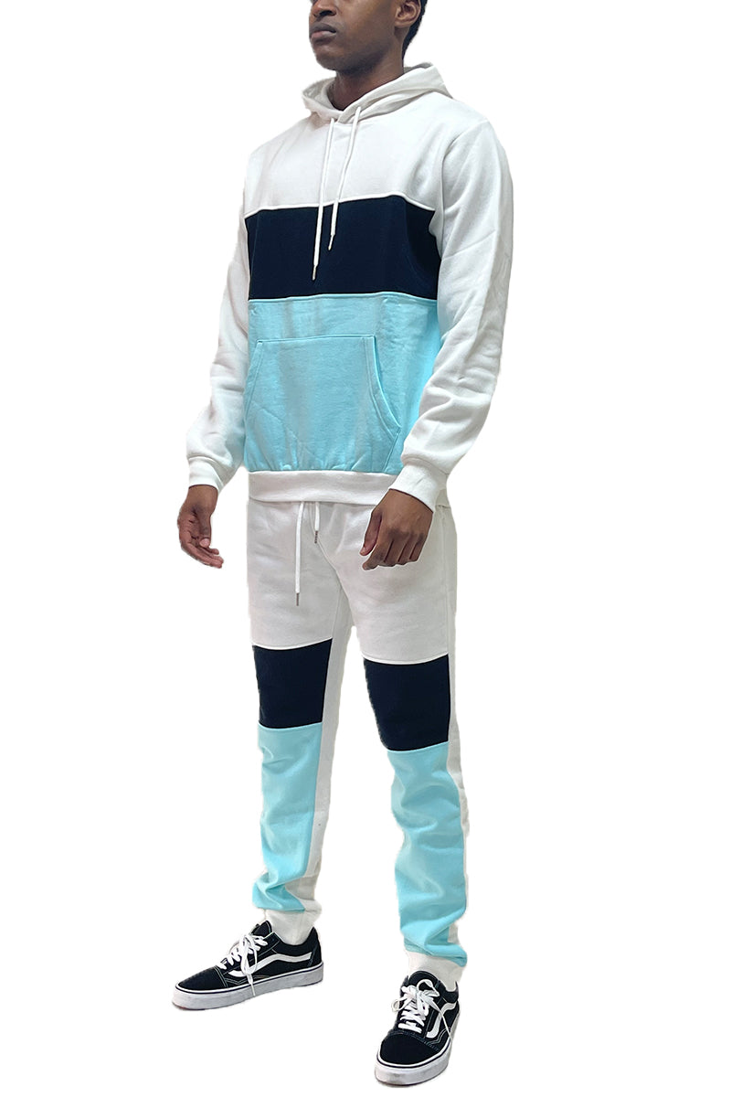 Color Block Sweat Set featuring a pullover hoodie and sweat pants in a stylish design with contrasting colors.