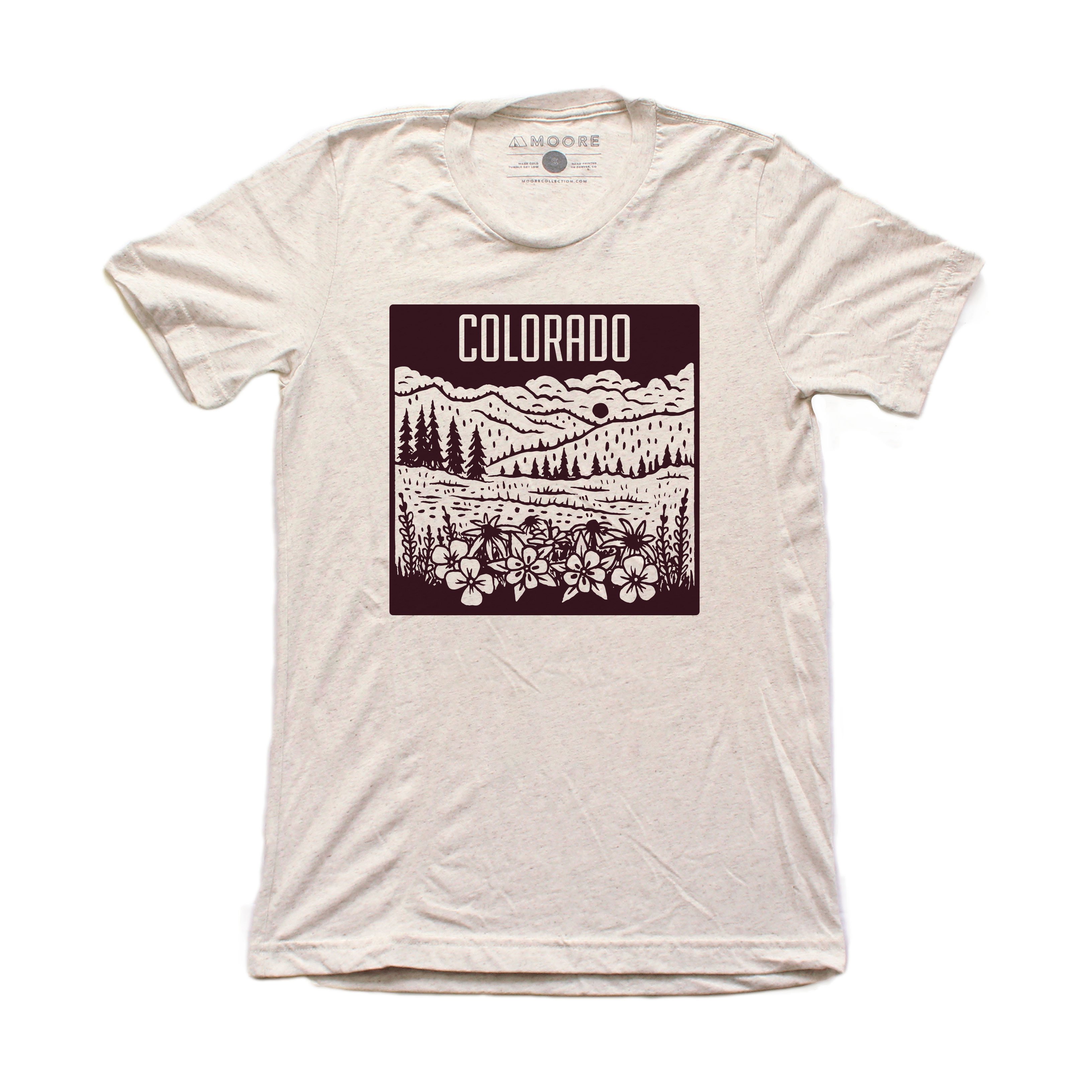 Colorado Mountain Tee in oatmeal color featuring maroon screen print of Rocky Mountain design with wildflowers.