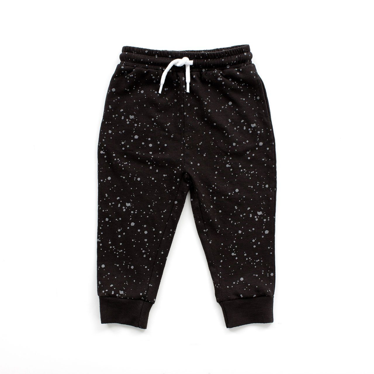 Colton Jogger Pant for babies featuring a trendy splatter print and drawstring waistband in black color.