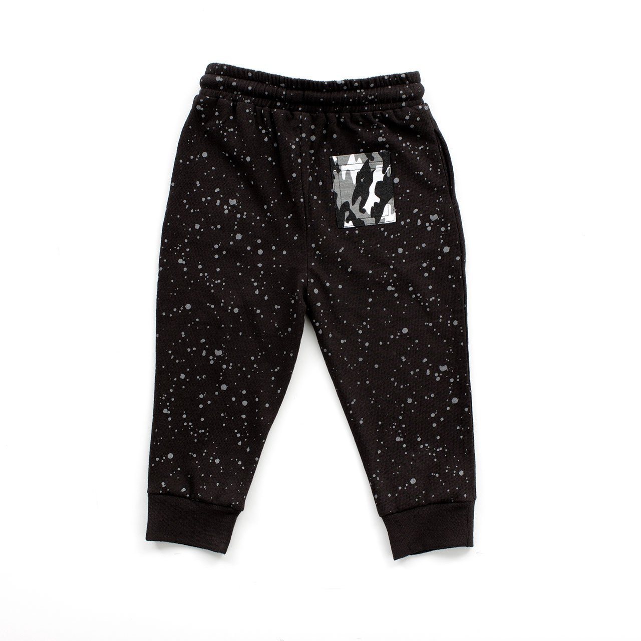 Colton Jogger Pant for babies featuring a trendy splatter print and drawstring waistband in black color.