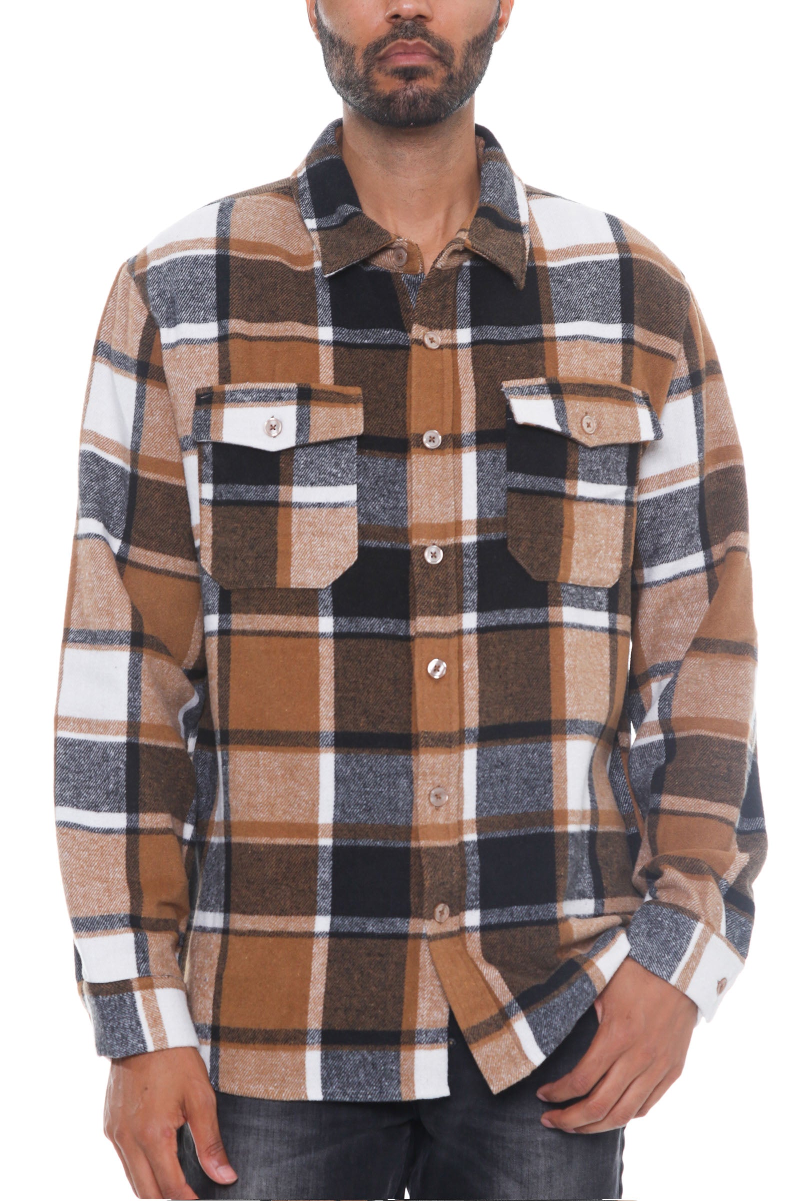 Colton Soft Flannel Shacket featuring a brushed checkered pattern, long sleeves, and chest pockets, perfect for stylish layering.