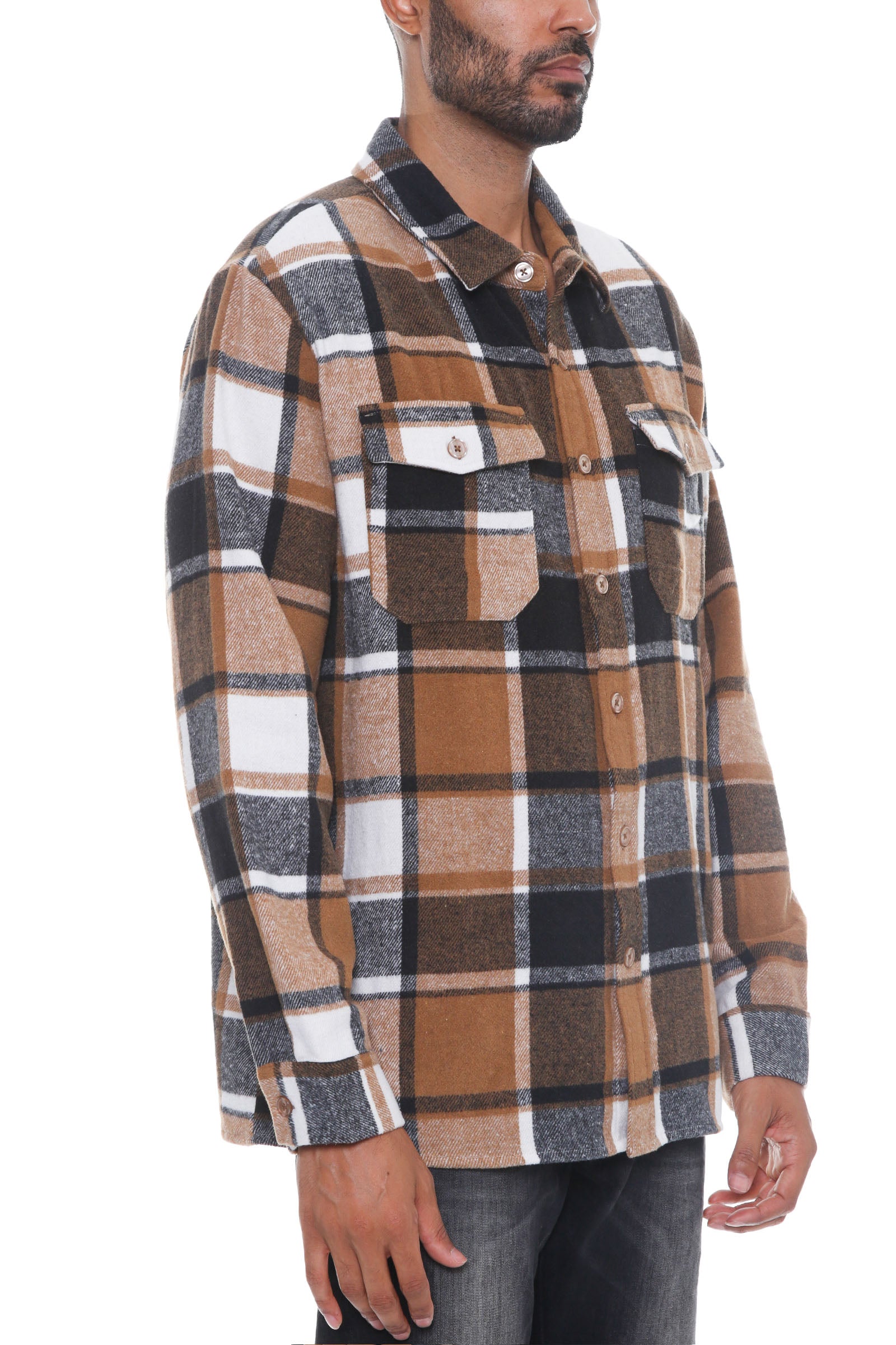 Colton Soft Flannel Shacket featuring a brushed checkered pattern, long sleeves, and chest pockets, perfect for stylish layering.