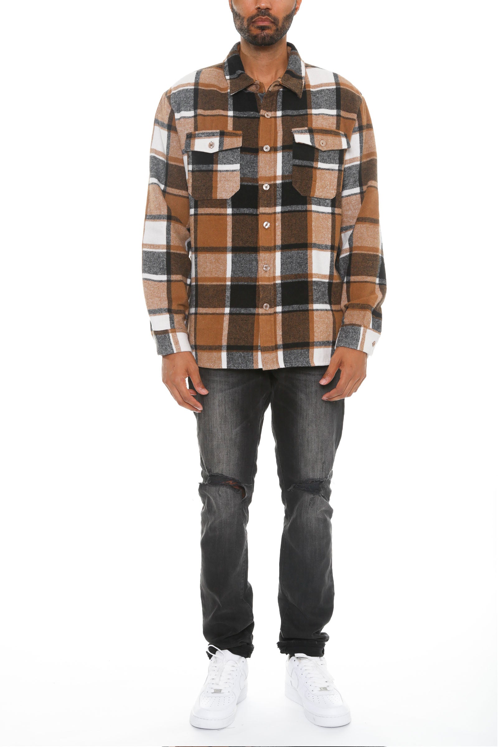 Colton Soft Flannel Shacket featuring a brushed checkered pattern, long sleeves, and chest pockets, perfect for stylish layering.