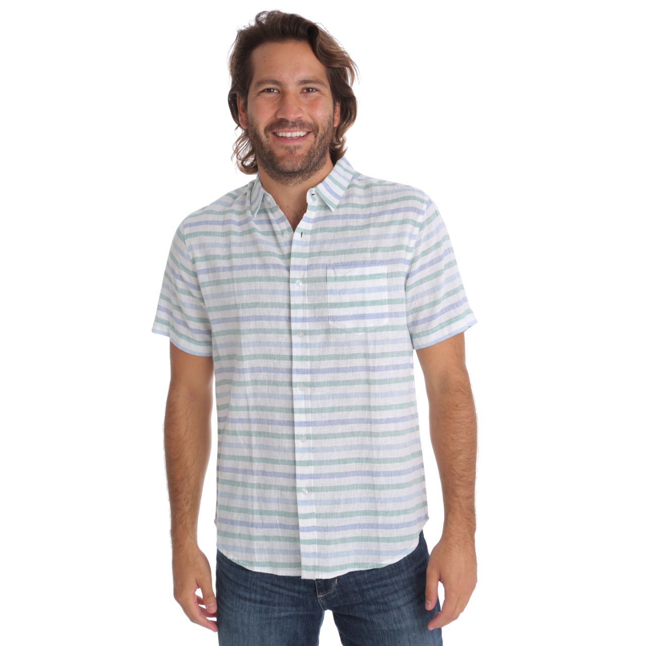 Conrad Linen Cotton Shirt featuring short sleeves and a stylish striped pattern, made from a blend of linen and cotton.