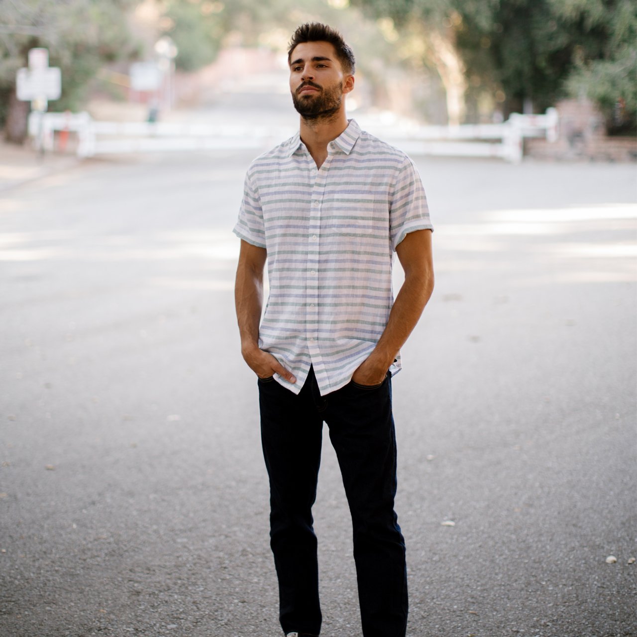 Conrad Linen Cotton Shirt featuring short sleeves and a stylish striped pattern, made from a blend of linen and cotton.