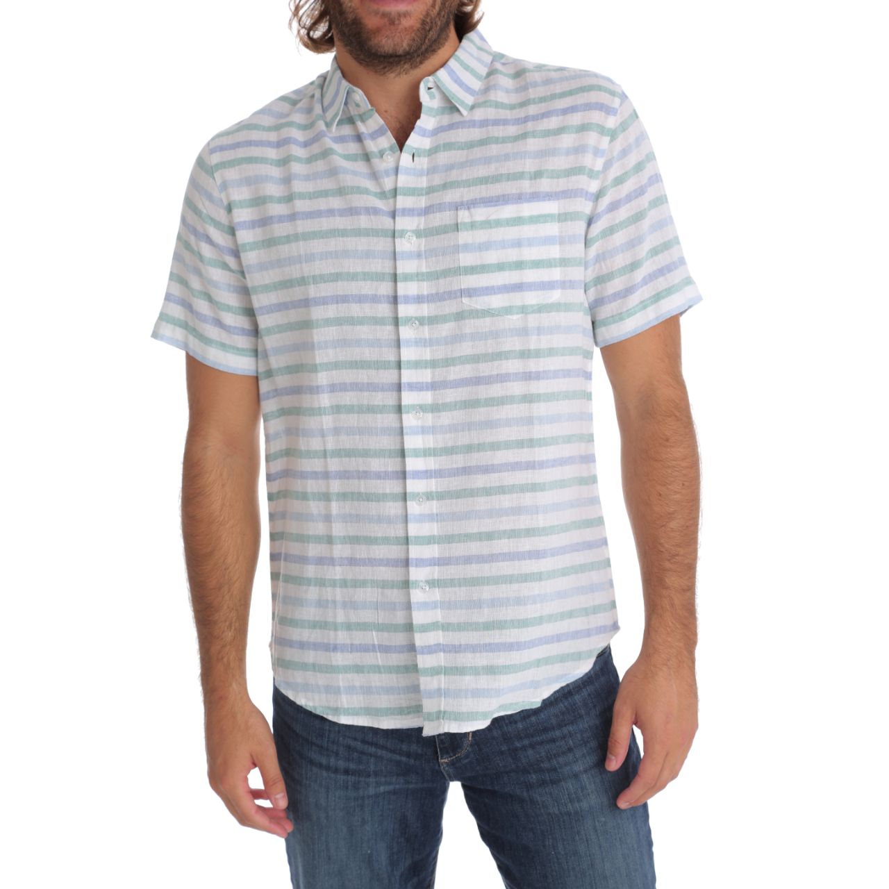 Conrad Linen Cotton Shirt featuring short sleeves and a stylish striped pattern, made from a blend of linen and cotton.