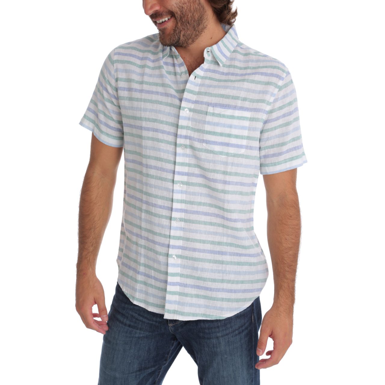 Conrad Linen Cotton Shirt featuring short sleeves and a stylish striped pattern, made from a blend of linen and cotton.