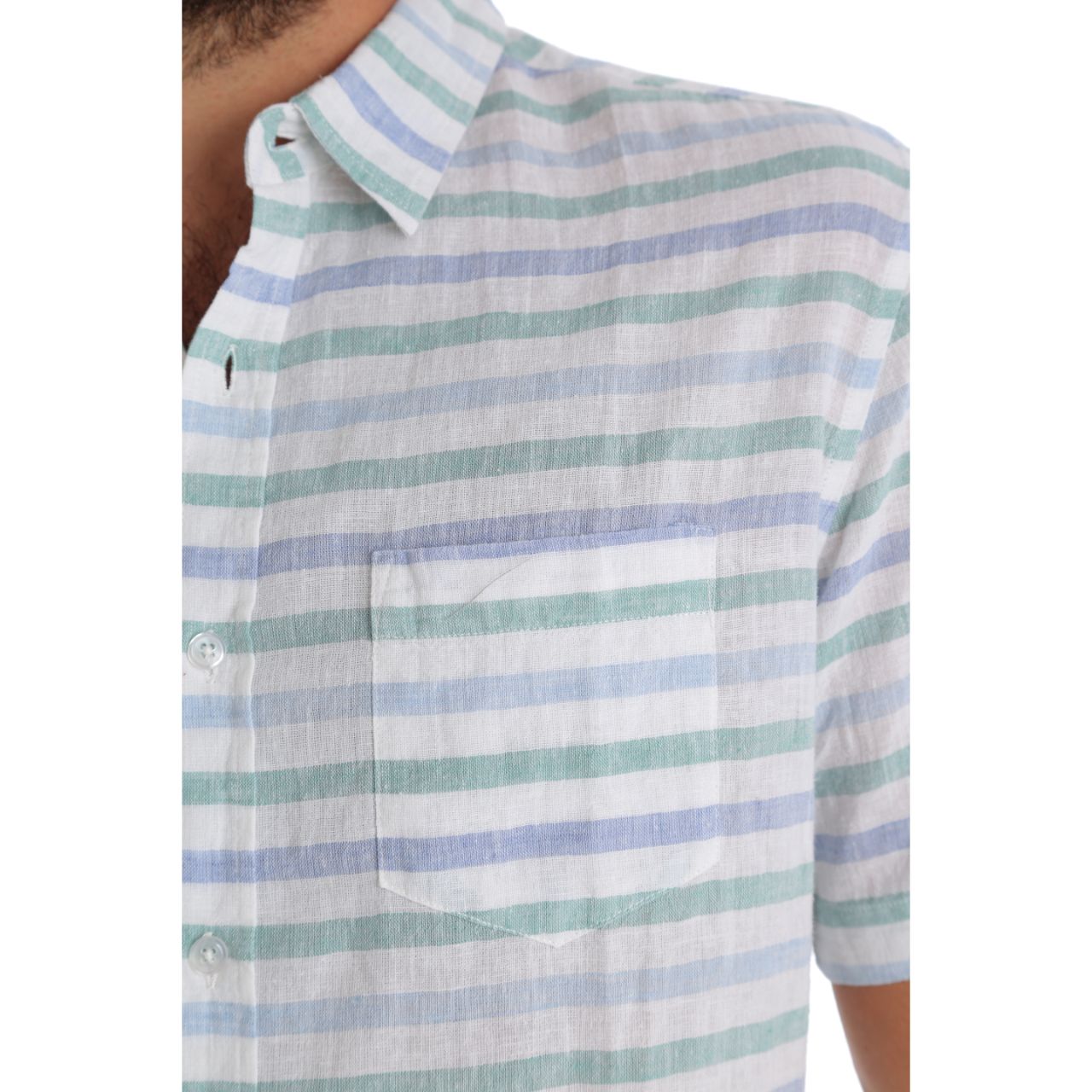 Conrad Linen Cotton Shirt featuring short sleeves and a stylish striped pattern, made from a blend of linen and cotton.