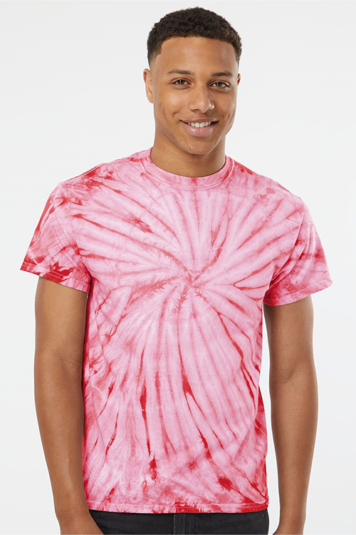 A vibrant coral tie dye t-shirt displayed on a neutral background, showcasing its unique pattern and soft fabric.