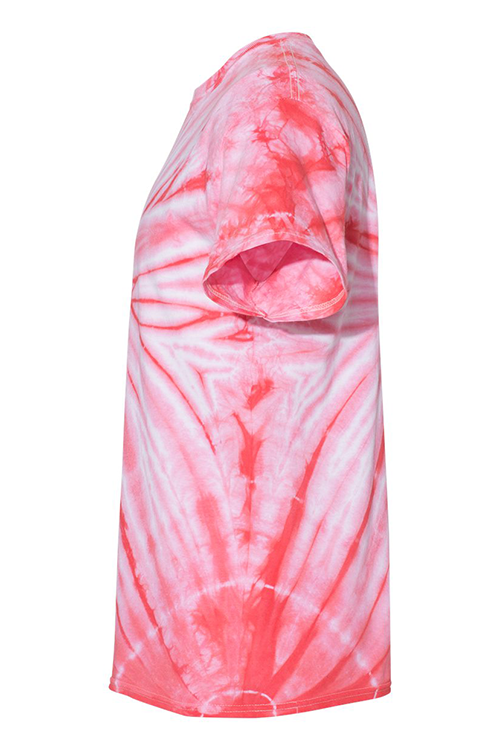 A vibrant coral tie dye t-shirt displayed on a neutral background, showcasing its unique pattern and soft fabric.