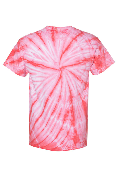 A vibrant coral tie dye t-shirt displayed on a neutral background, showcasing its unique pattern and soft fabric.