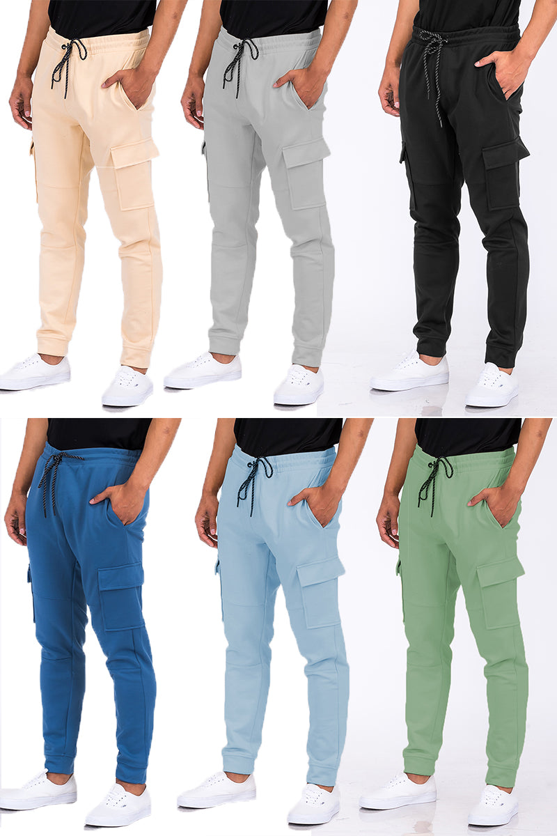 A pair of stylish Cotton Blend Cargo Joggers featuring side cargo pockets, elastic waist with drawstring, and a comfortable fit.