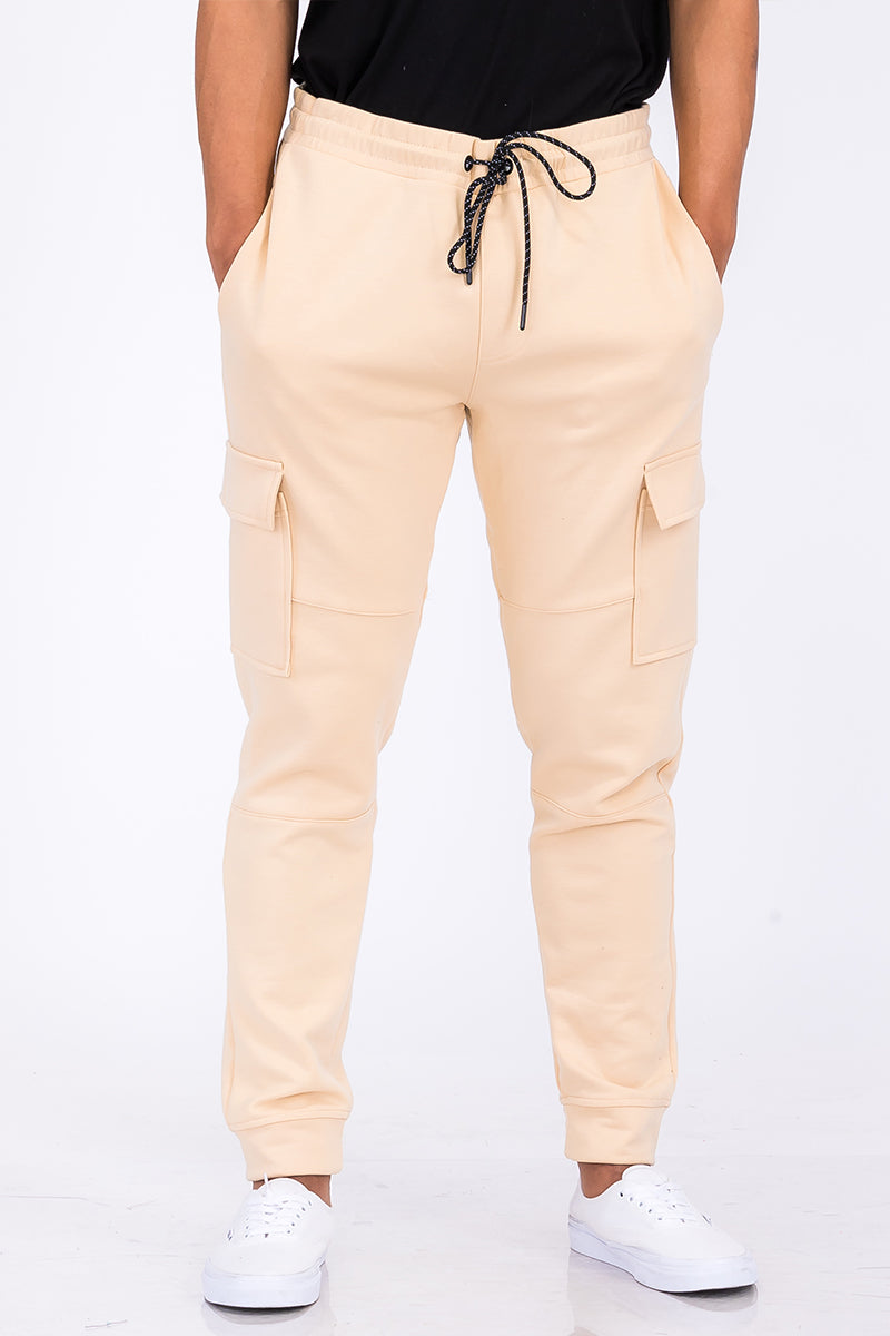 A pair of stylish Cotton Blend Cargo Joggers featuring side cargo pockets, elastic waist with drawstring, and a comfortable fit.