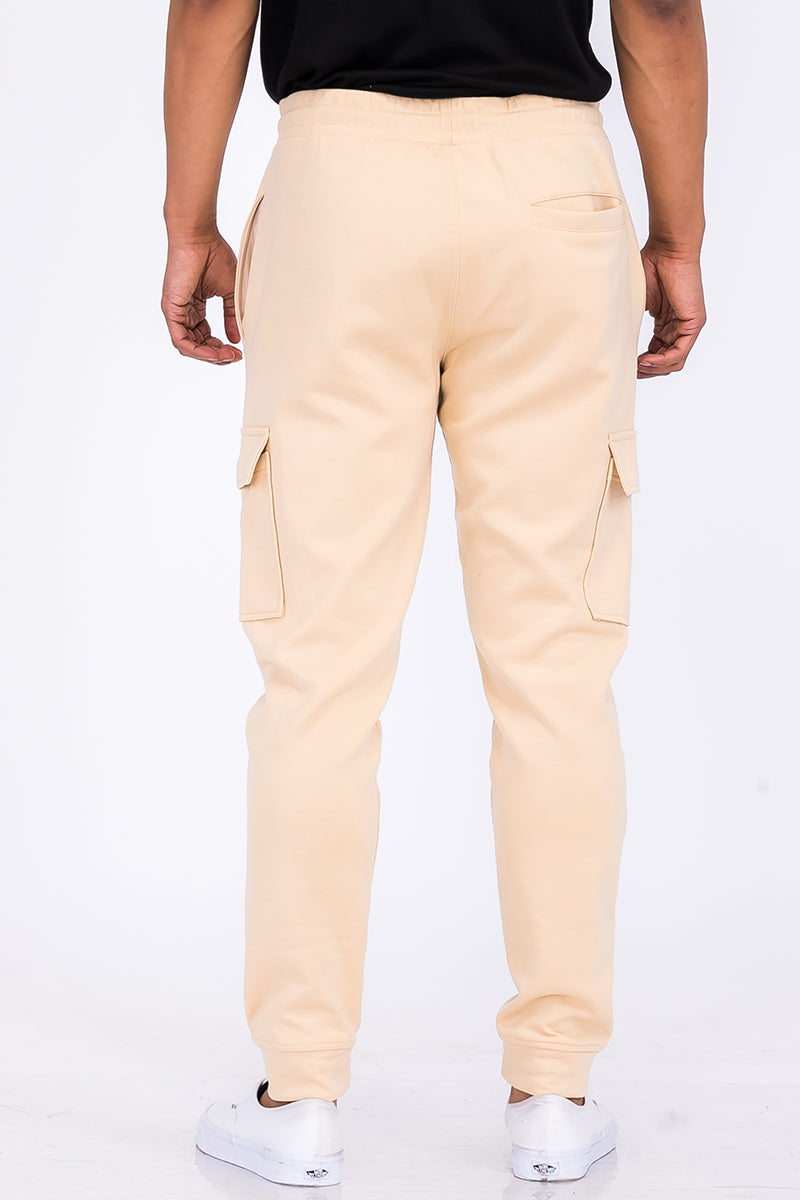 A pair of stylish Cotton Blend Cargo Joggers featuring side cargo pockets, elastic waist with drawstring, and a comfortable fit.