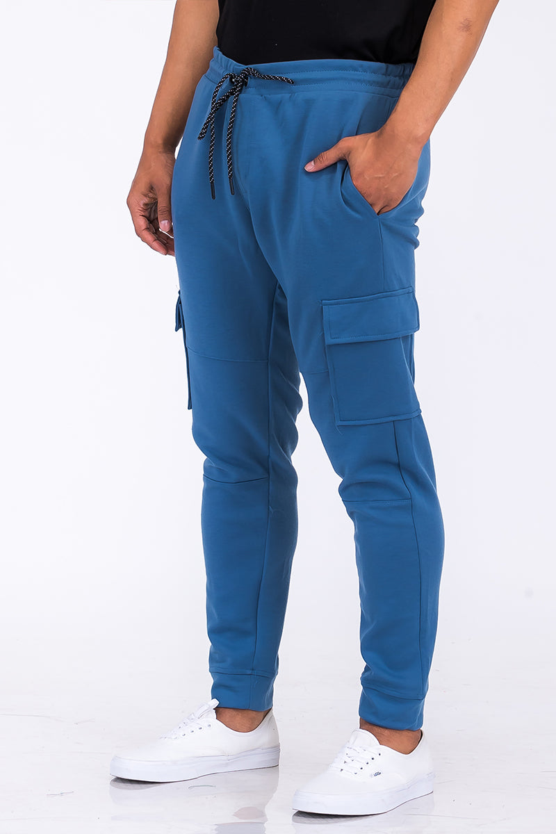 A pair of stylish Cotton Blend Cargo Joggers featuring side cargo pockets, elastic waist with drawstring, and a comfortable fit.