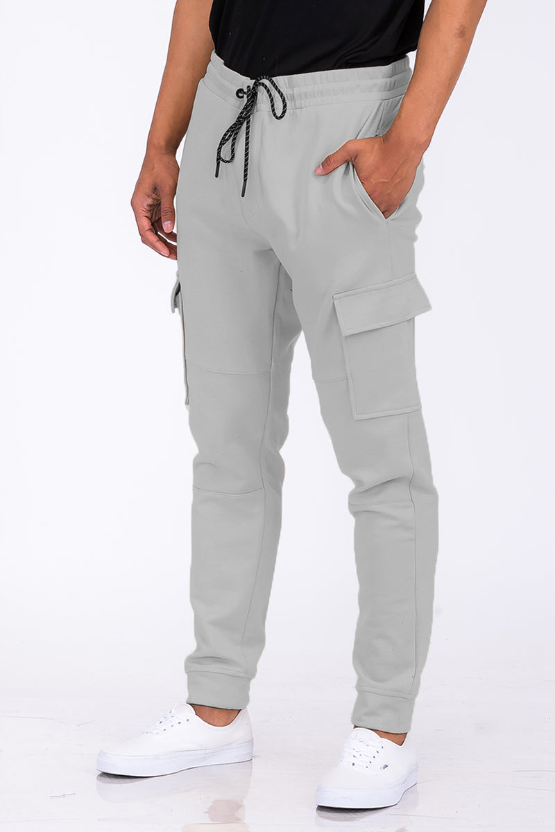 A pair of stylish Cotton Blend Cargo Joggers featuring side cargo pockets, elastic waist with drawstring, and a comfortable fit.