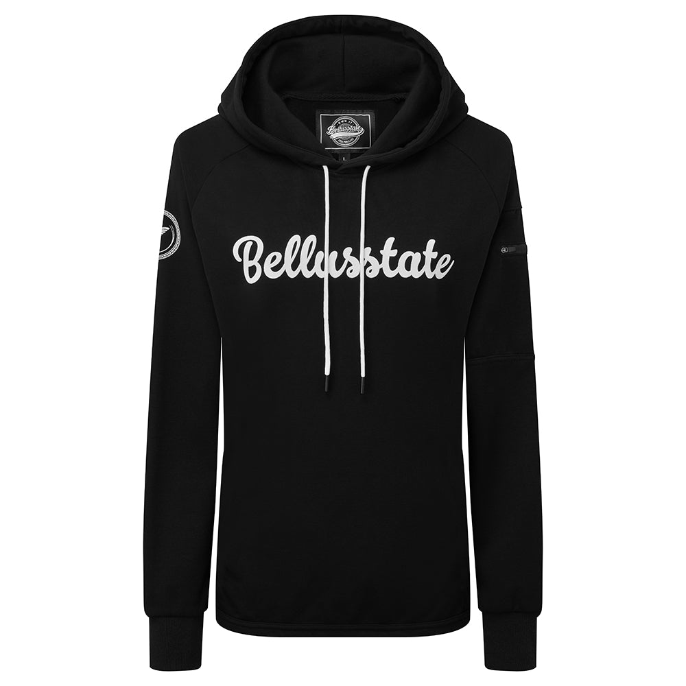 A stylish unisex cotton pullover hoodie featuring the Bellusstate logo and God Bird motif, designed for comfort and functionality.