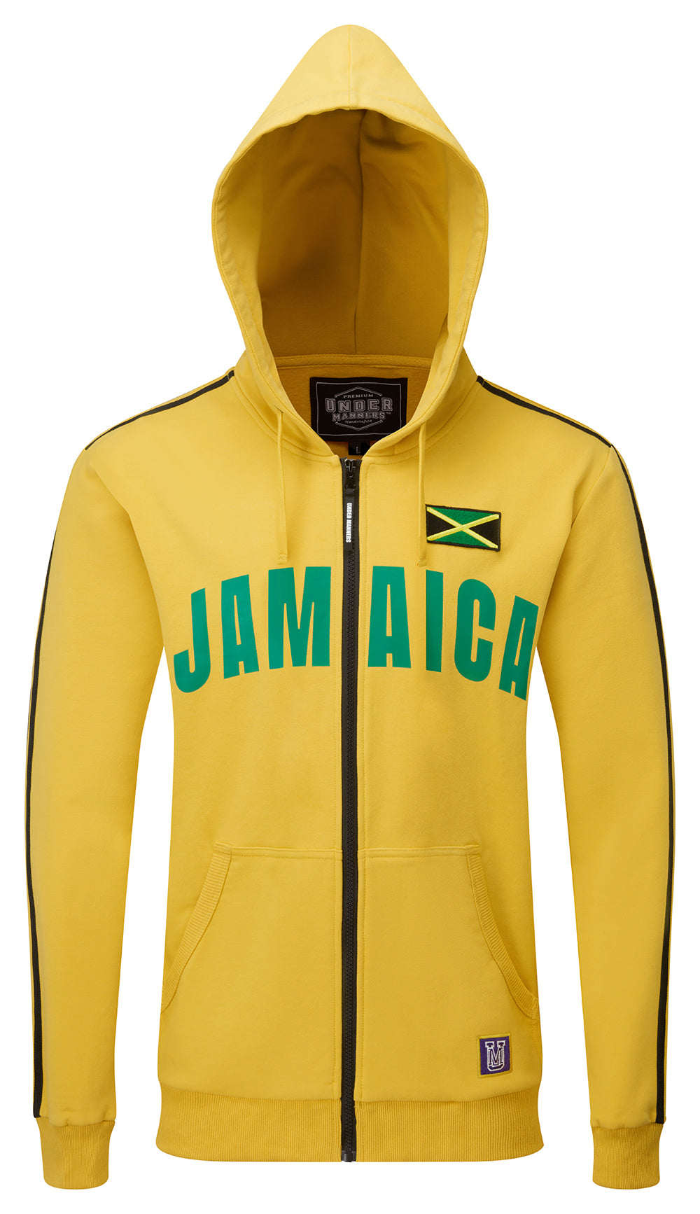 Cotton unisex hoodie featuring Jamaica logo, full zipper, and striped sleeves.