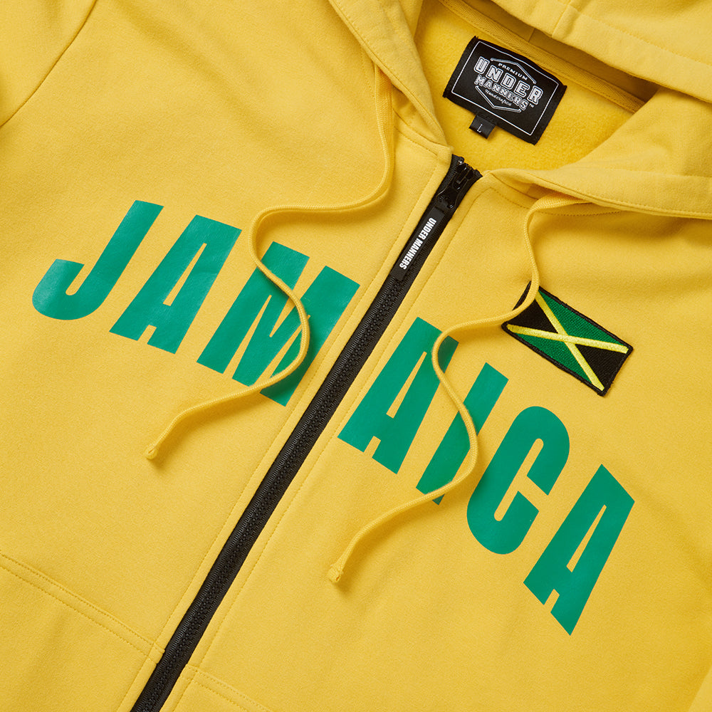 Cotton unisex hoodie featuring Jamaica logo, full zipper, and striped sleeves.