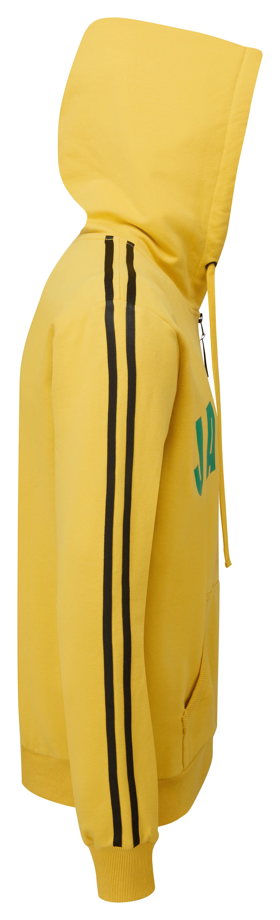 Cotton unisex hoodie featuring Jamaica logo, full zipper, and striped sleeves.