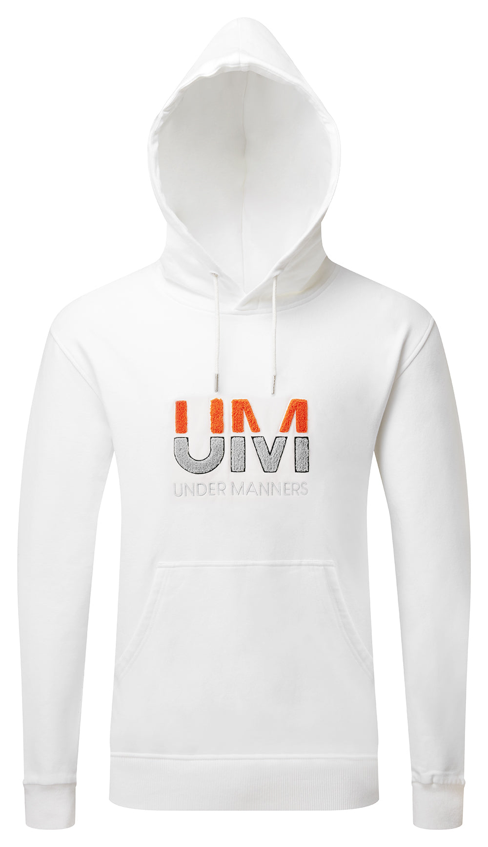 Cotton unisex hoodie featuring a stylish UM chenille logo, with marsupial pockets and drawcords through metal eyelets.