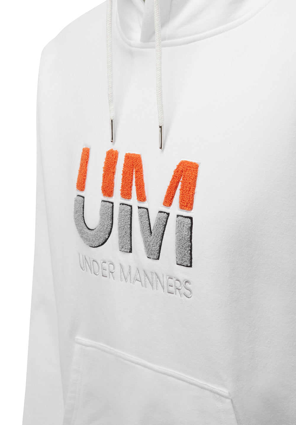 Cotton unisex hoodie featuring a stylish UM chenille logo, with marsupial pockets and drawcords through metal eyelets.