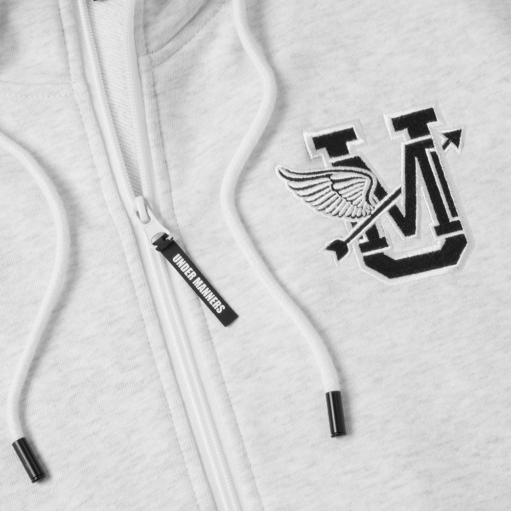 Cotton unisex hoodie featuring UM logo, full front zipper, and embroidered designs.