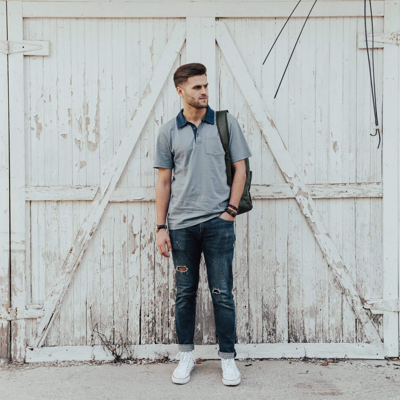 Davis Polo featuring a yarn dye striped design with a denim collar, made from 100% cotton in an eco-friendly factory.