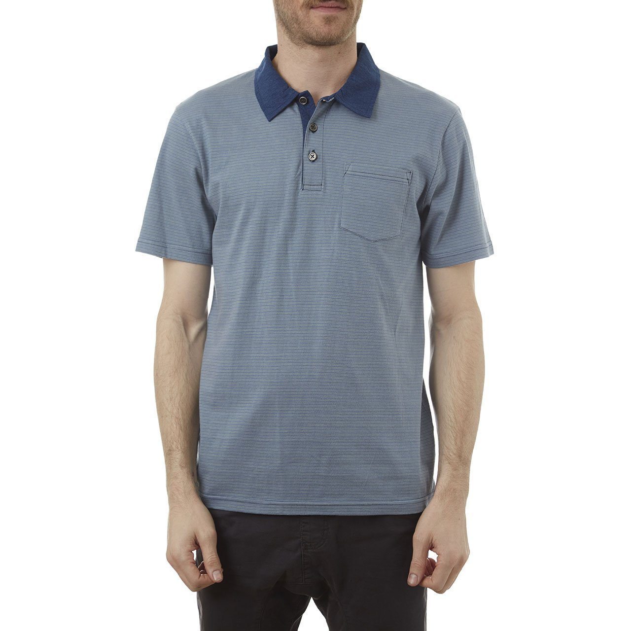 Davis Polo featuring a yarn dye striped design with a denim collar, made from 100% cotton in an eco-friendly factory.