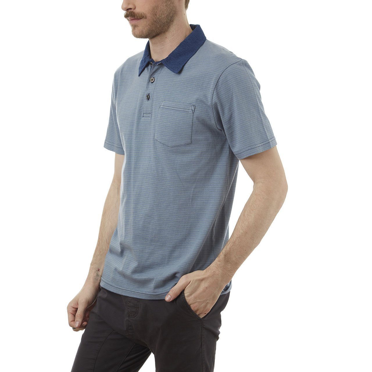 Davis Polo featuring a yarn dye striped design with a denim collar, made from 100% cotton in an eco-friendly factory.