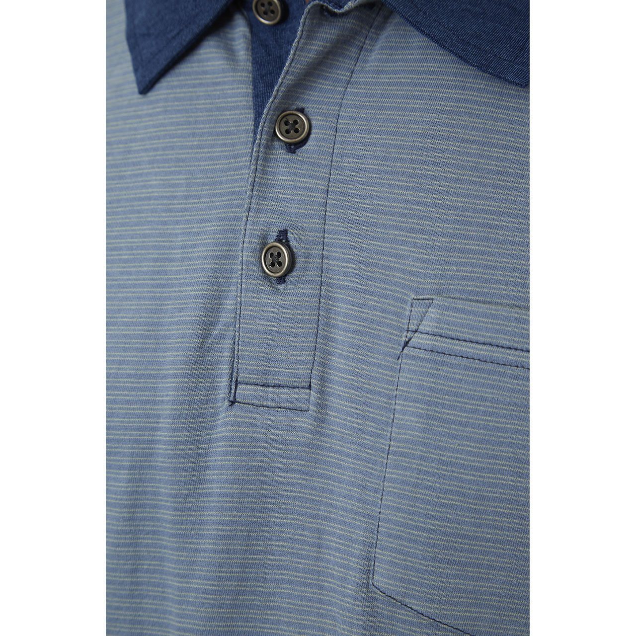 Davis Polo featuring a yarn dye striped design with a denim collar, made from 100% cotton in an eco-friendly factory.