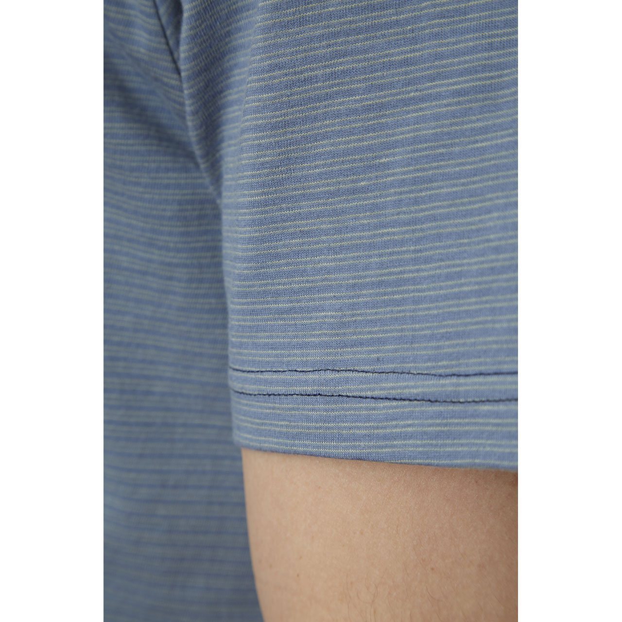 Davis Polo featuring a yarn dye striped design with a denim collar, made from 100% cotton in an eco-friendly factory.