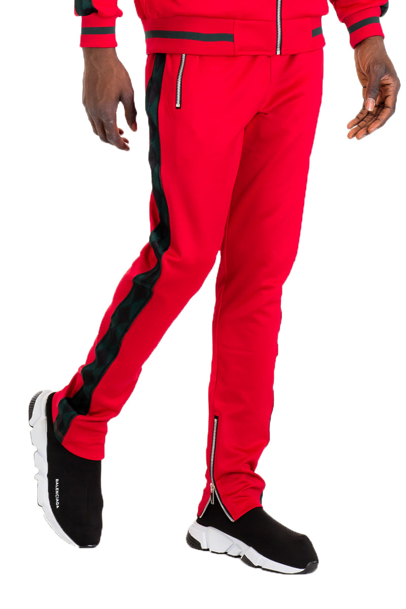 Diamond Lineage Track Pants featuring a slim fit design, ankle zippers, and multiple pockets, made from a durable polyester and spandex blend.