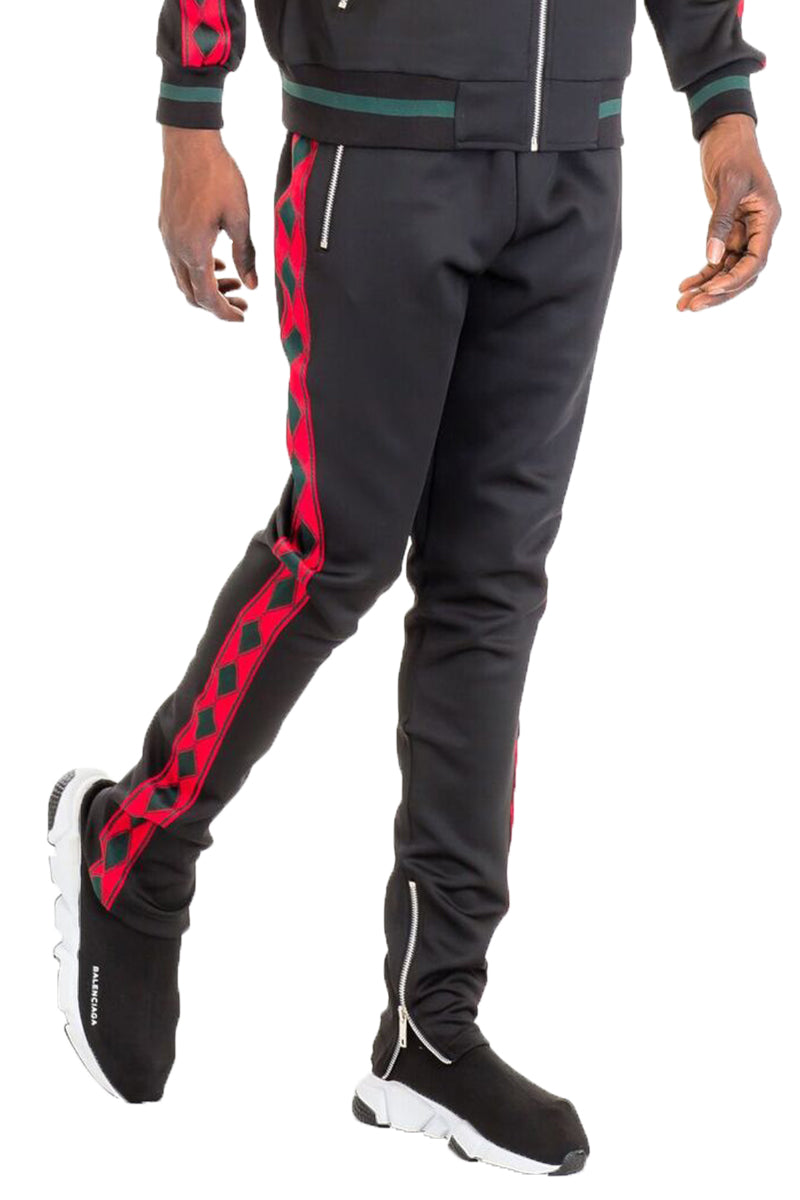 Diamond Lineage Track Pants featuring a slim fit design, ankle zippers, and multiple pockets, made from a durable polyester and spandex blend.