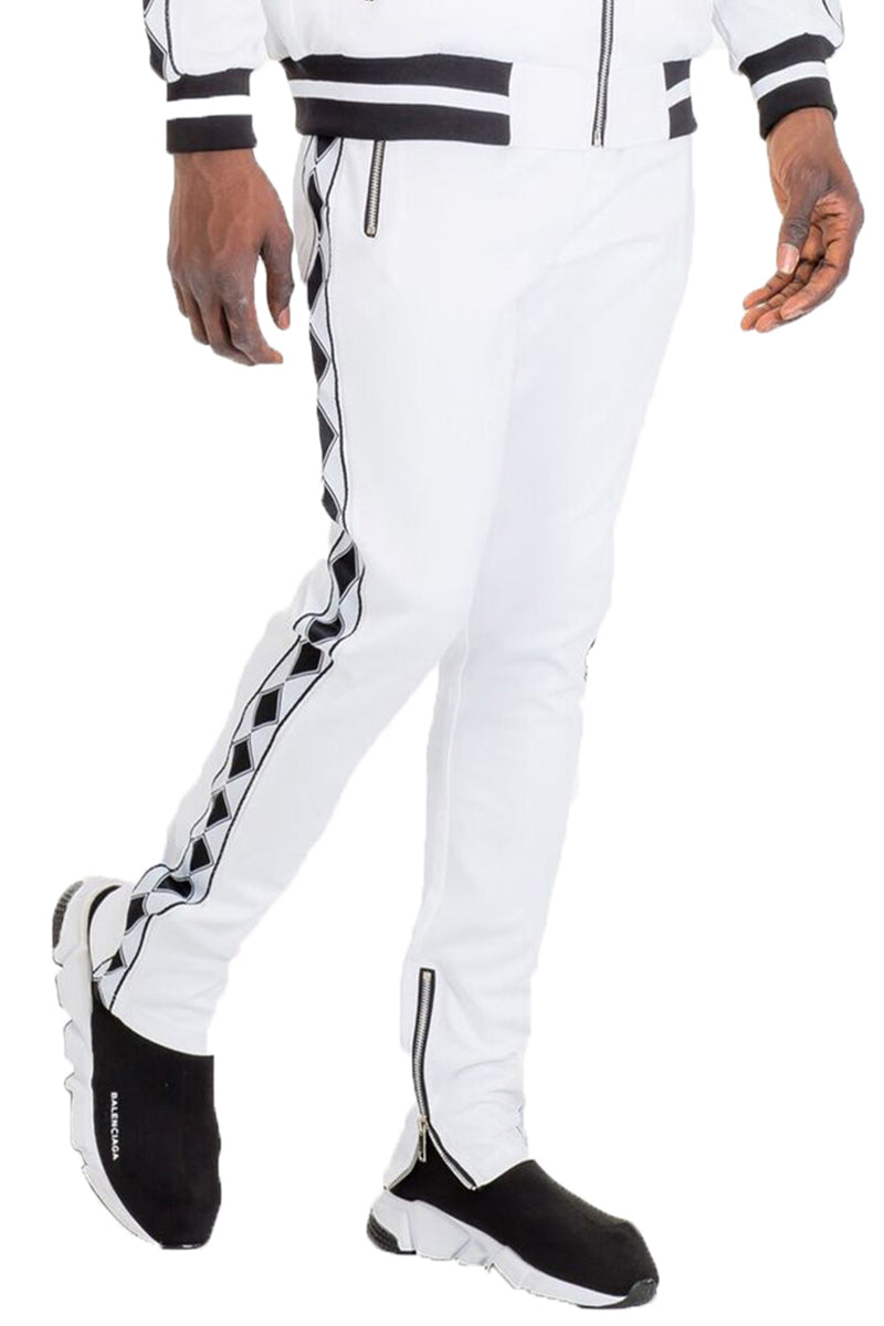 Diamond Lineage Track Pants featuring a slim fit design, ankle zippers, and multiple pockets, made from a durable polyester and spandex blend.