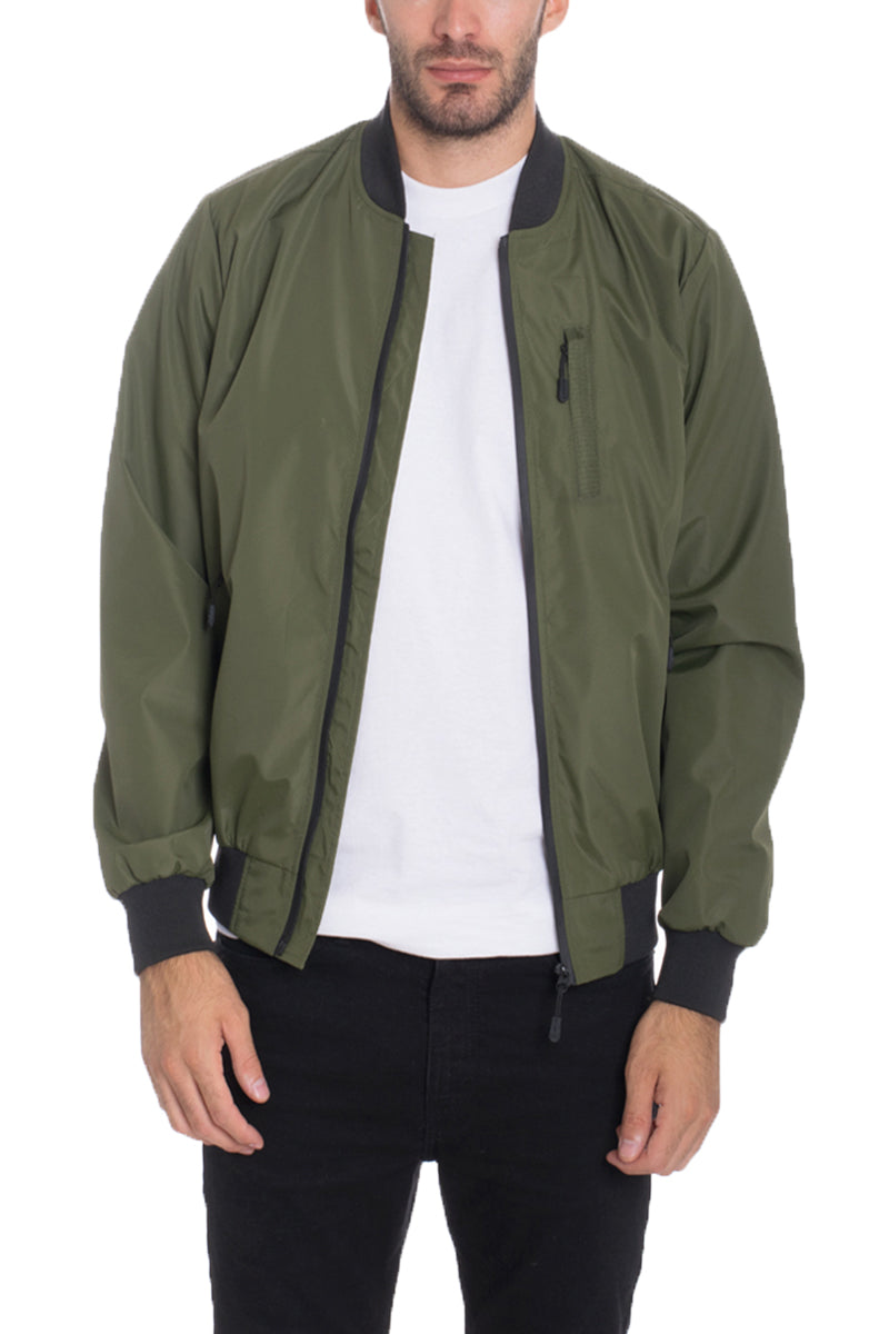 Dimple Bomber Jacket displayed on a model, showcasing its stylish design and front zip fastening.