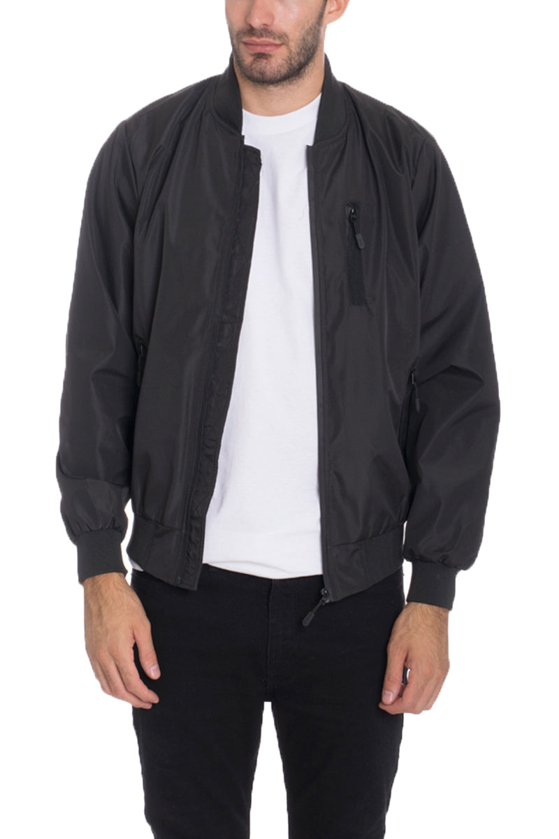 Dimple Bomber Jacket displayed on a model, showcasing its stylish design and front zip fastening.