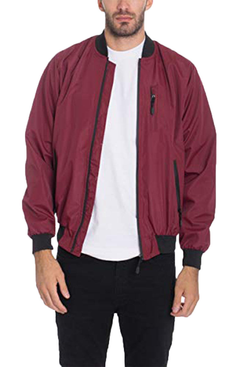 Dimple Bomber Jacket displayed on a model, showcasing its stylish design and front zip fastening.