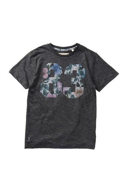 Doug Tee Boy featuring a floral digit print on a short sleeve slub crew neck, made from a cotton-polyester blend.