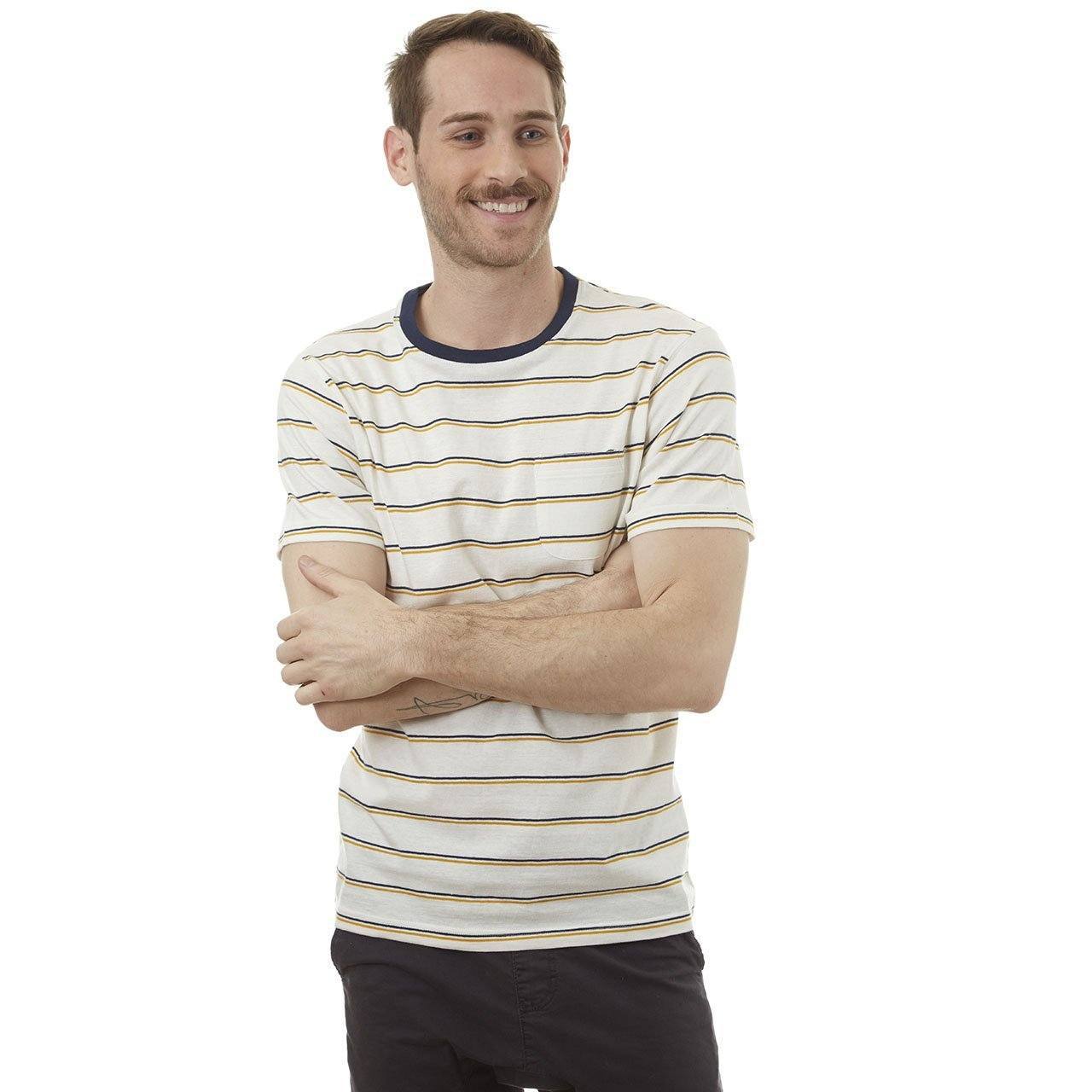 Edgar Striped Tee featuring yarn-dye stripes, chambray back yolk, and a patch pocket, made from 100% cotton.