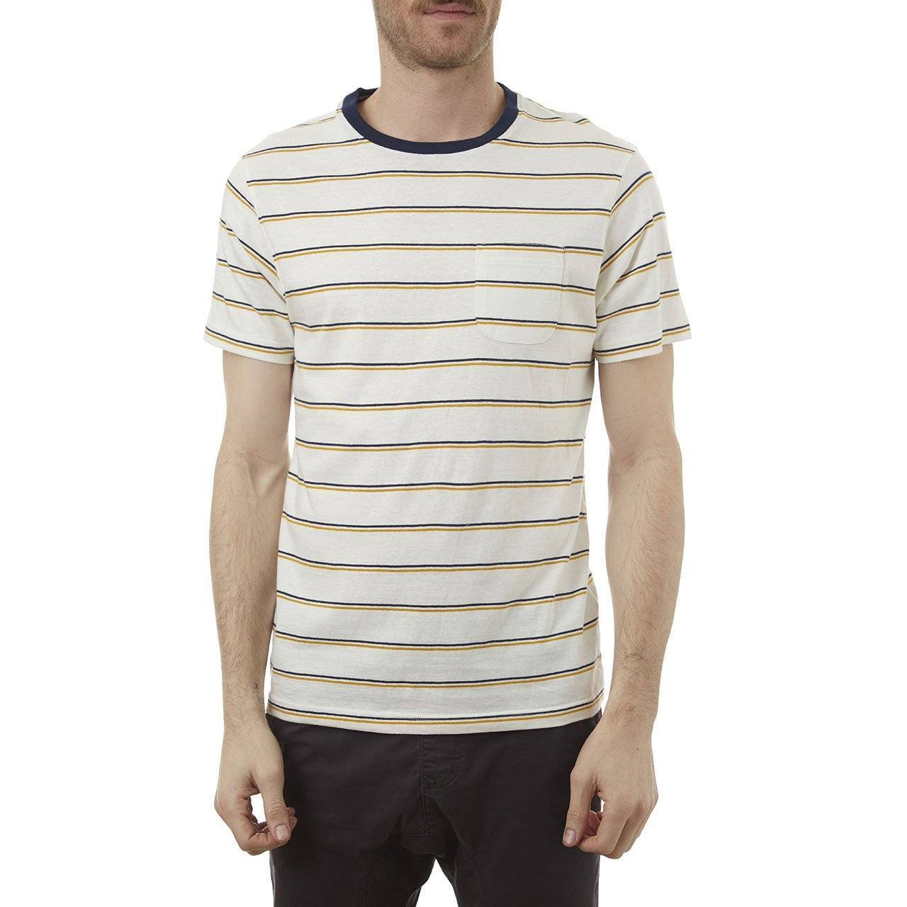 Edgar Striped Tee featuring yarn-dye stripes, chambray back yolk, and a patch pocket, made from 100% cotton.