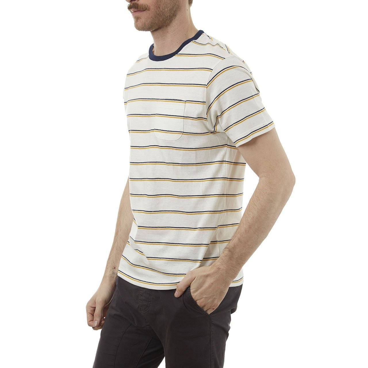 Edgar Striped Tee featuring yarn-dye stripes, chambray back yolk, and a patch pocket, made from 100% cotton.